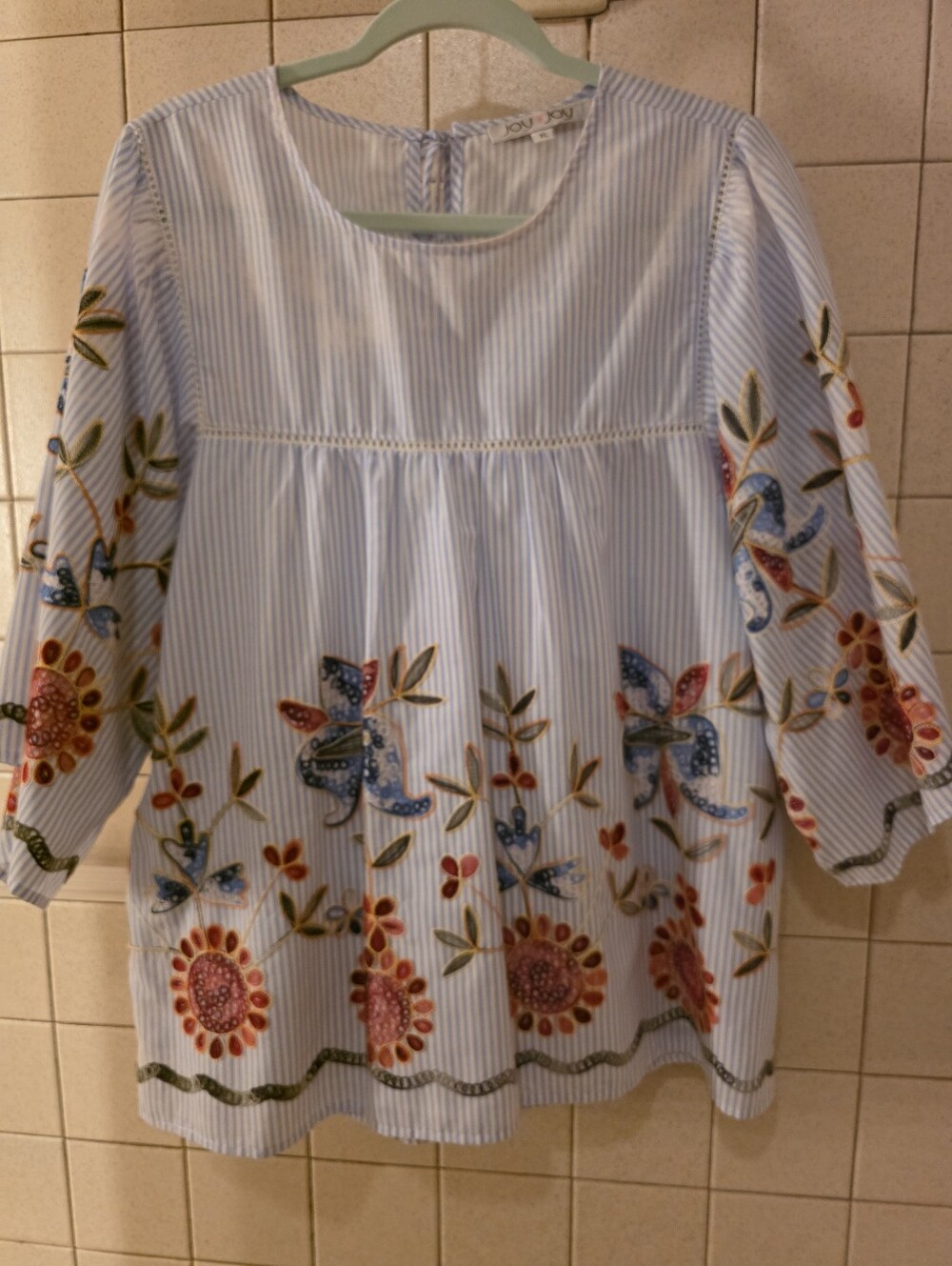 JOY JOY Light Blue Striped Embroidered Floral Tunic Top.